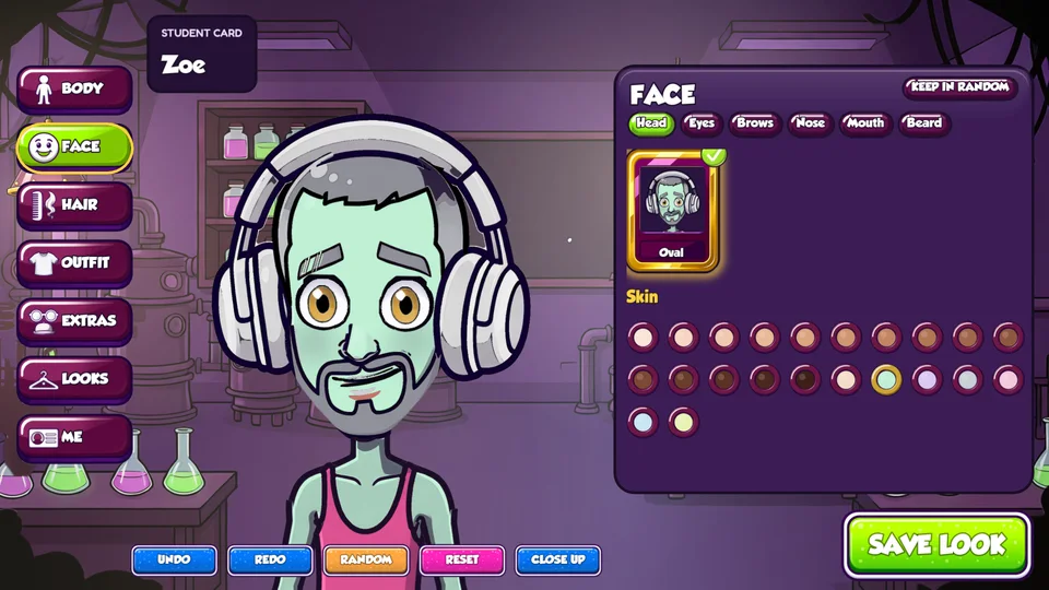 The Laboratz character creator: a student on the lab stage with the face options open