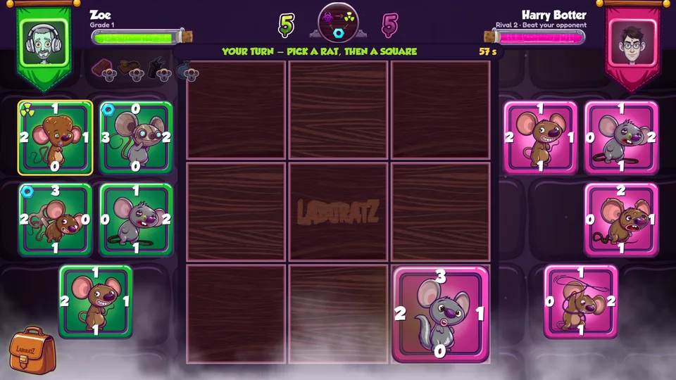 A turn-based card duel against Harry Botter on the three-by-three board
