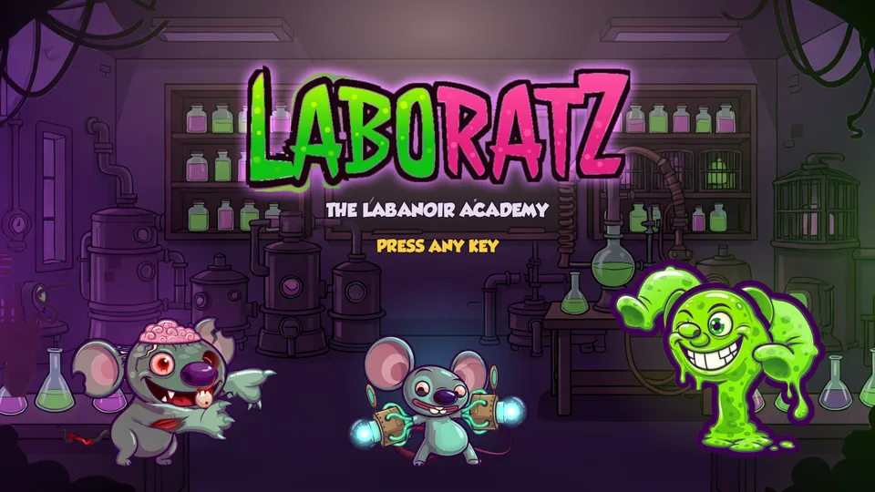 The opening of Laboratz: the logo over the lab with three element rats