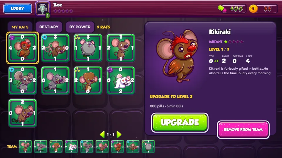 The lab: your rat collection, levels and the evolution chamber
